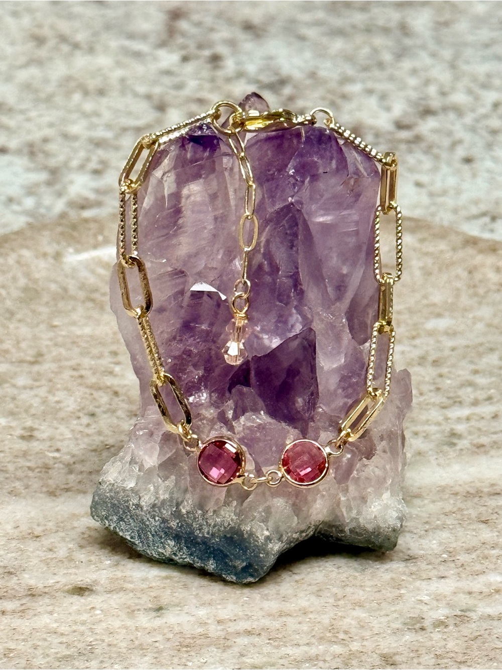 Gold-Filled Pink Tourmaline Crystal October Birthstone Bracelet